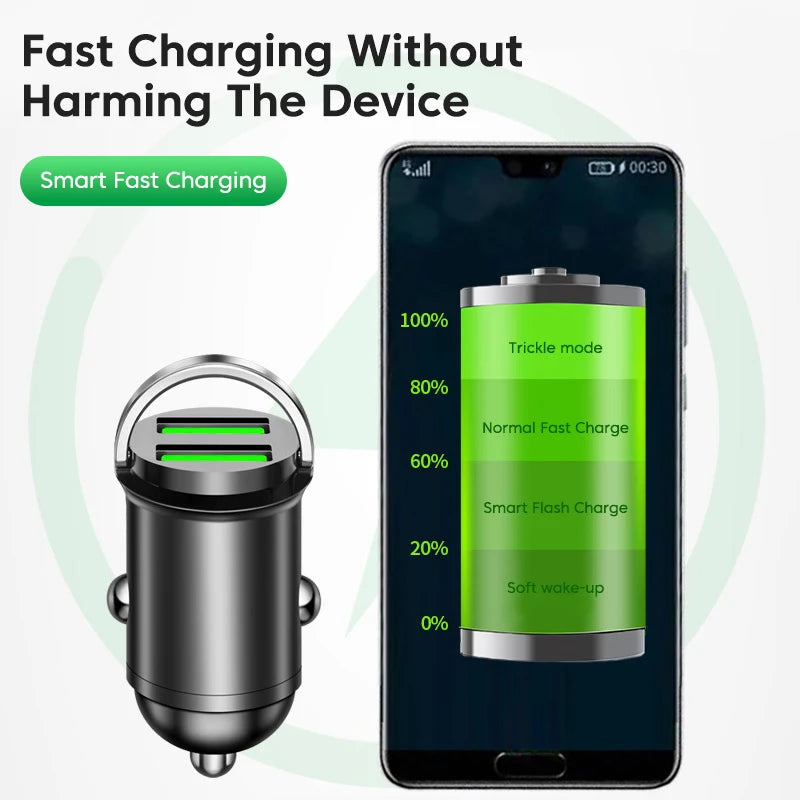 200W Mini USB Car Charger Fast Charging Dual Ports