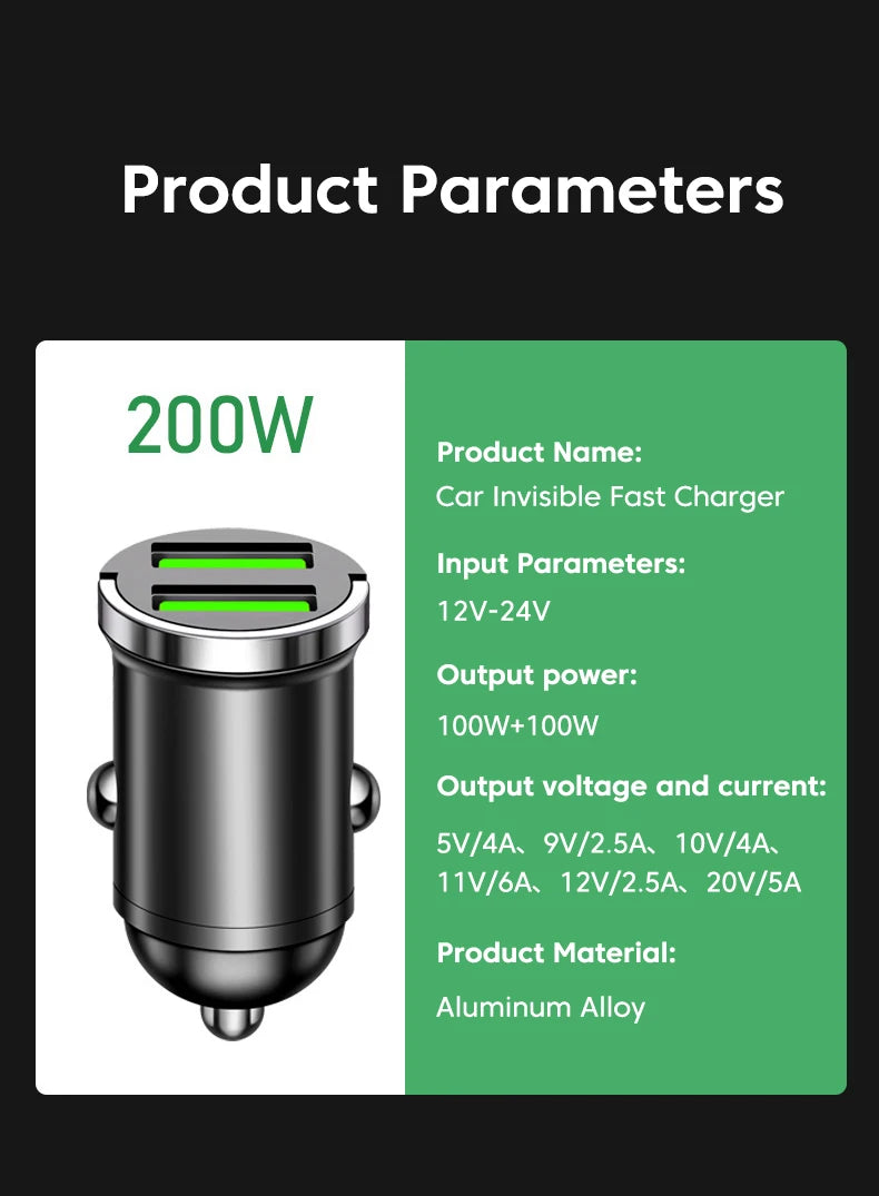 200W Mini USB Car Charger Fast Charging Dual Ports