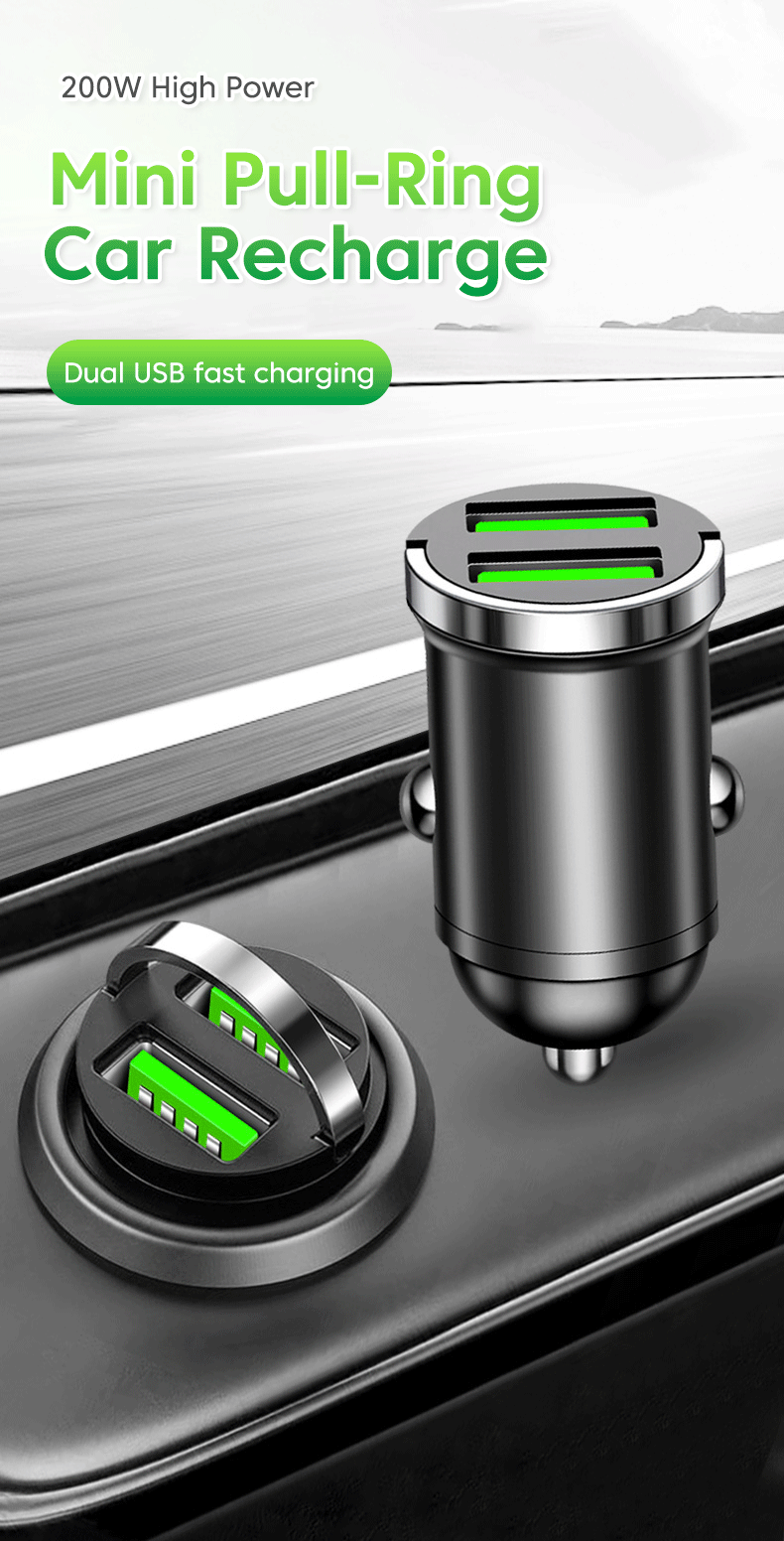 200W Mini USB Car Charger Fast Charging Dual Ports