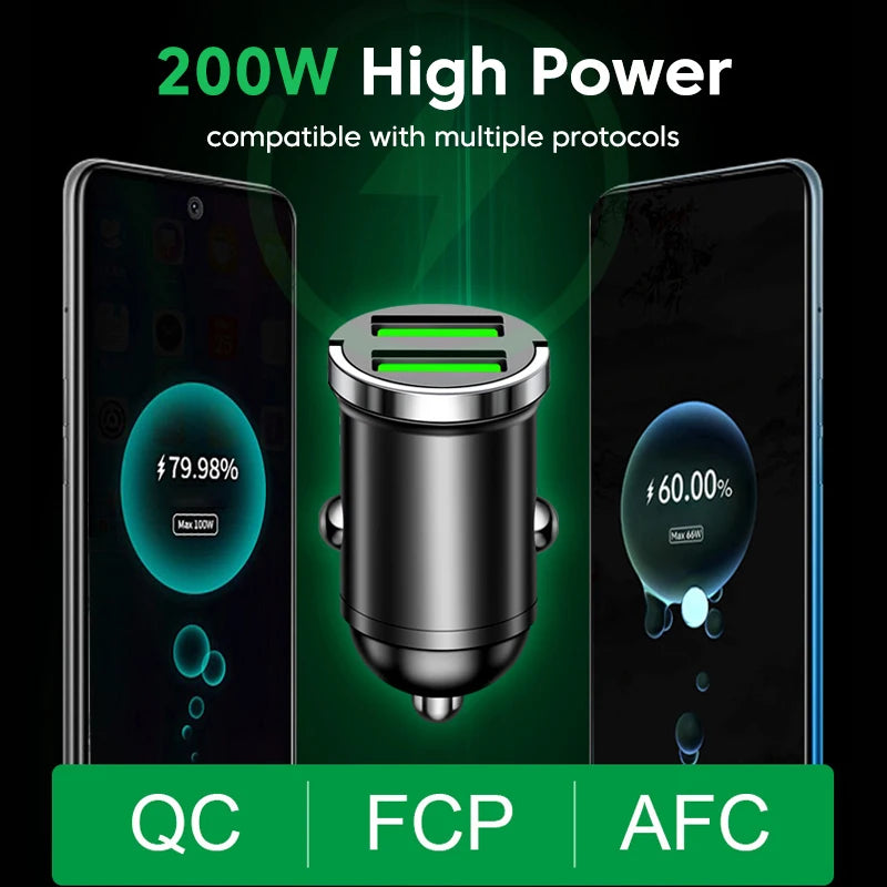 200W Mini USB Car Charger Fast Charging Dual Ports