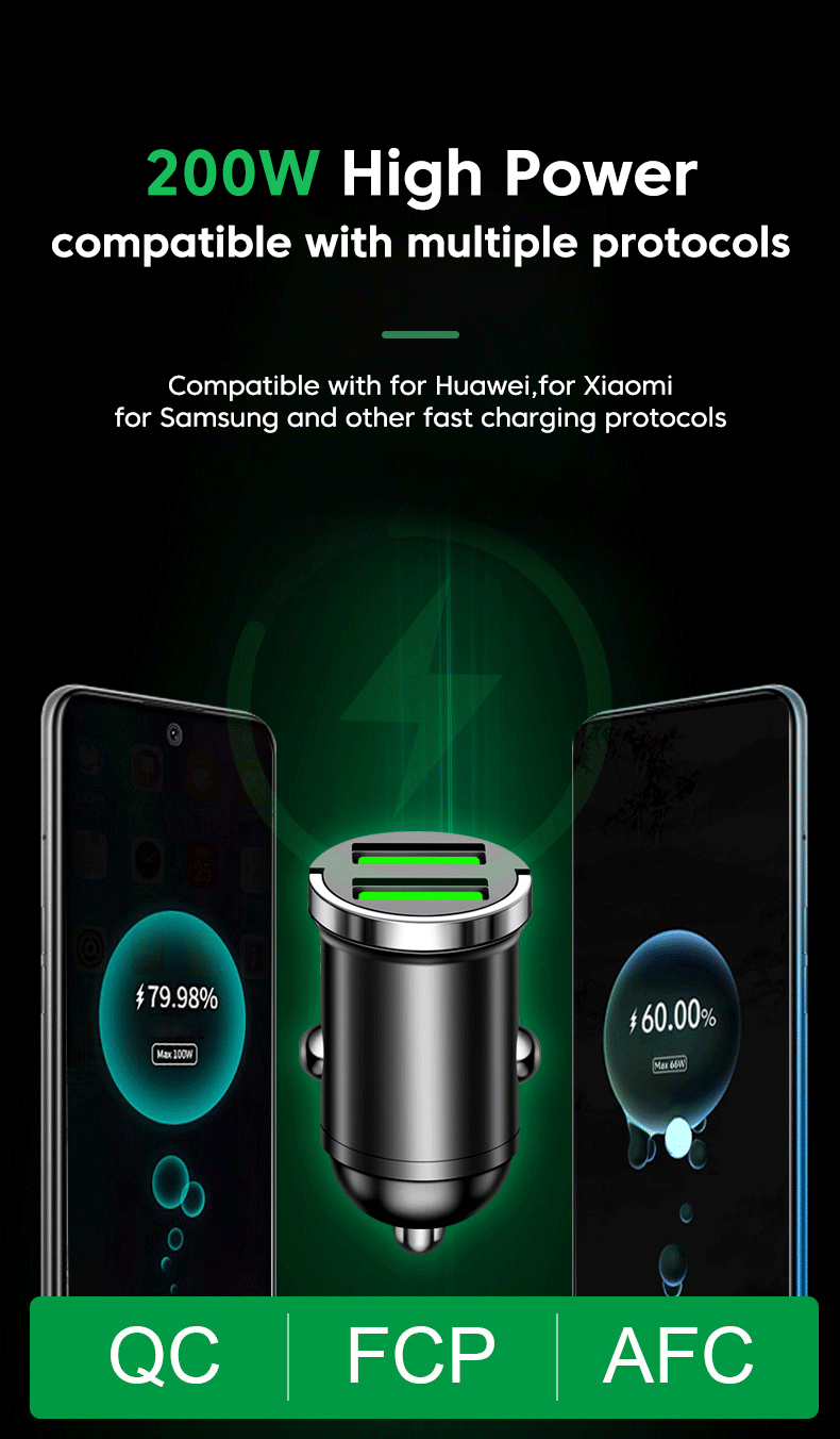 200W Mini USB Car Charger Fast Charging Dual Ports