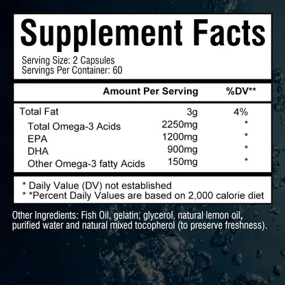Omega 3 Fish Oil Capsules - Rich in DHA/EPA - Promotes Joint, Eye, Skin Health, Immune Support - 120 Capsules