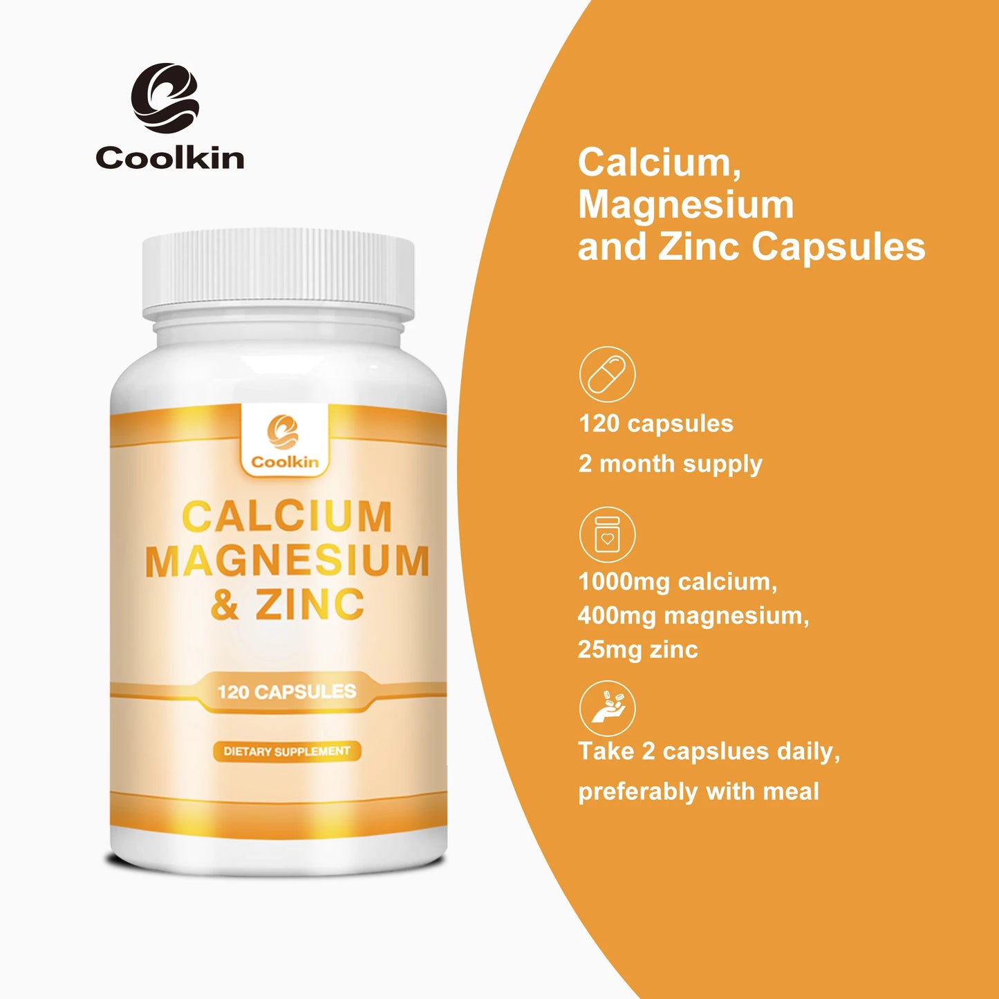 Calcium + Magnesium + Zinc Capsules - Supports Bone Health, Nerve and Muscle Function, Immune Support - 120 Capsules