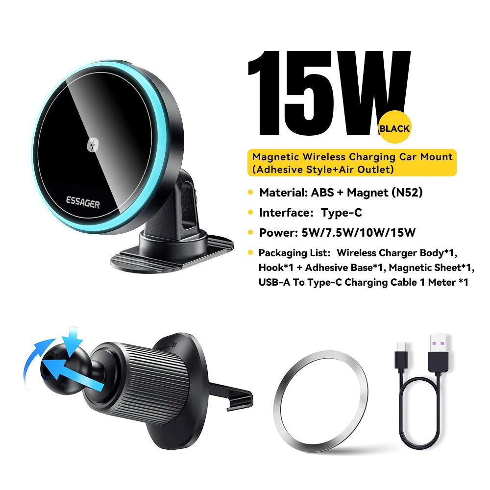 Magnetic Car Phone Holder 15W Wireless Charger Stand For iPhone