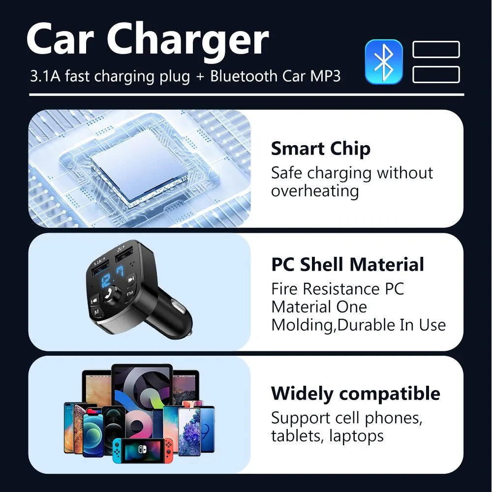 LED MP3 Car Bluetooth FM Hands-Free Bluetooth-compaitable 5.0 Transmitter 3.1A QC3.0