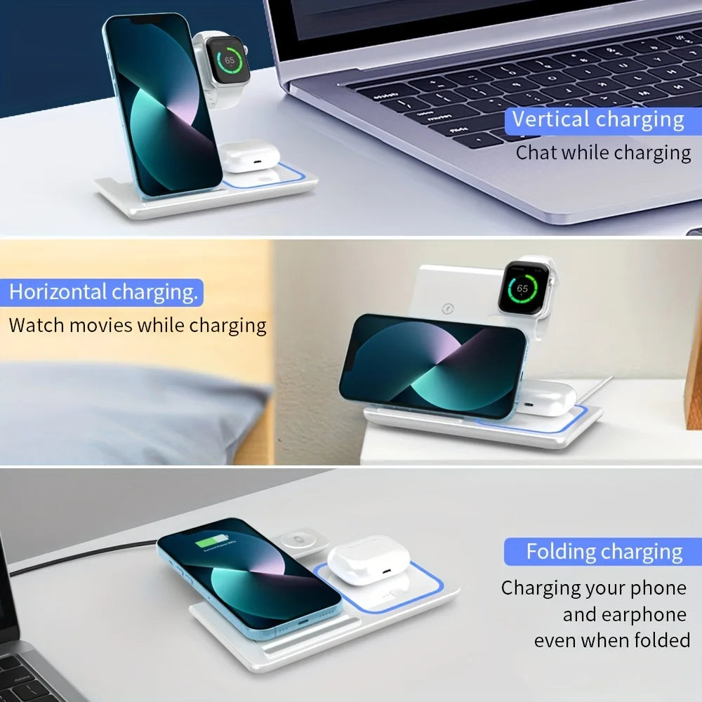 Portable Wireless 3-in-1 Charger, 15W Foldable Wireless Fast Charging Stand