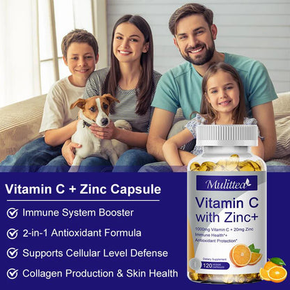 Mulittea Premium Vitamin C and Zinc for Energy Production Improve complexion Brighten skin with daily vitamin supplements