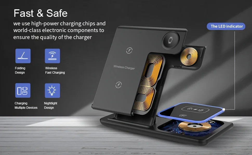 Portable Wireless 3-in-1 Charger, 15W Foldable Wireless Fast Charging Stand