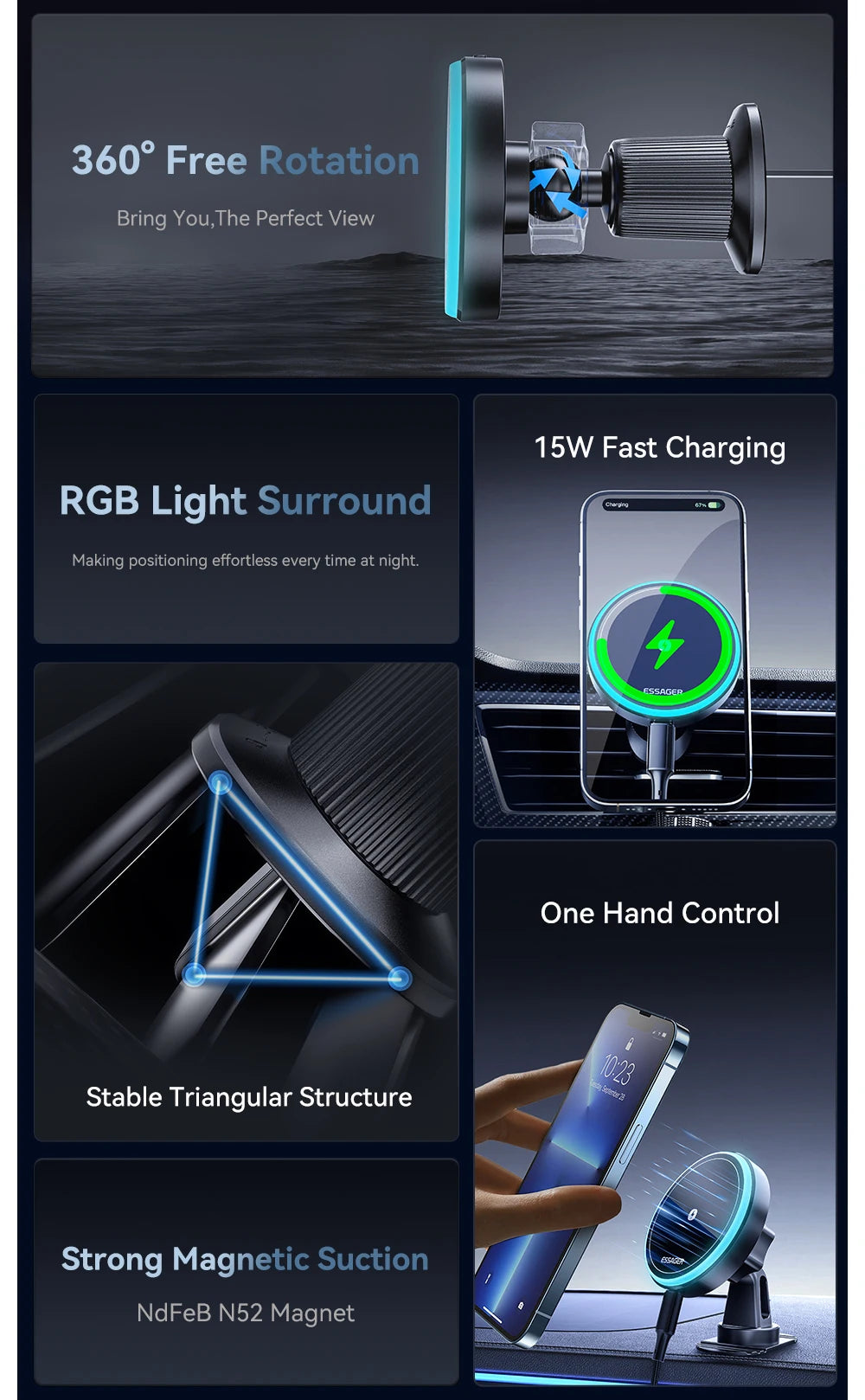 Magnetic Car Phone Holder 15W Wireless Charger Stand For iPhone