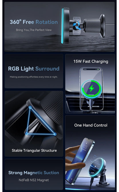 Magnetic Car Phone Holder 15W Wireless Charger Stand For iPhone