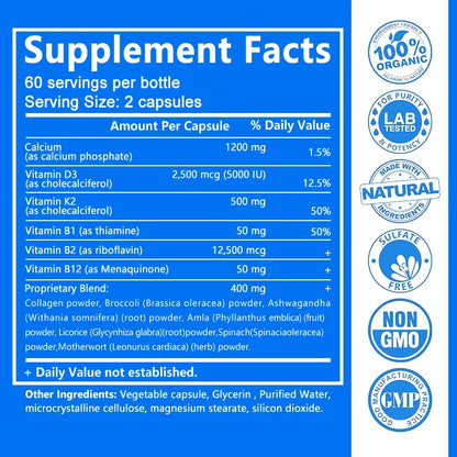 Calcium + Vitamins D3, K2 & B12 + Glucosamine Chondroitin - Supports Bone, Teeth & Muscle Health