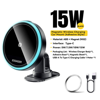 Magnetic Car Phone Holder 15W Wireless Charger Stand For iPhone