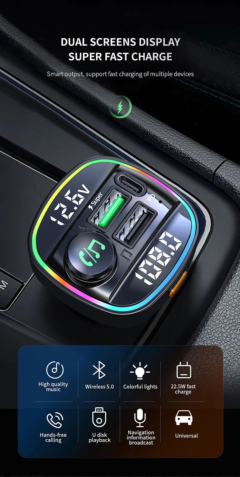 Bluetooth 5.0 FM Transmitter Handsfree Car Radio Modulator MP3 Player