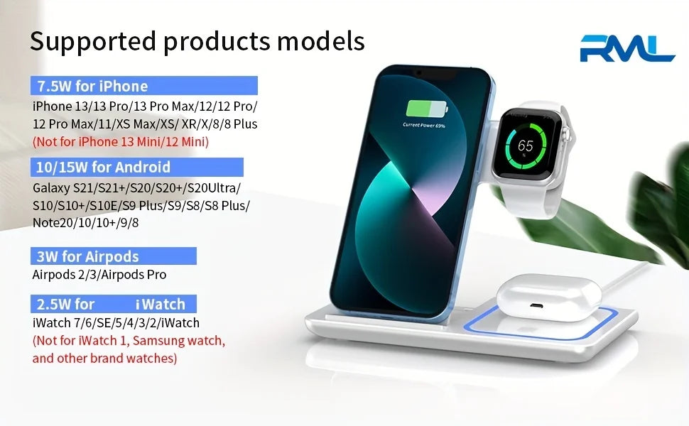 Portable Wireless 3-in-1 Charger, 15W Foldable Wireless Fast Charging Stand