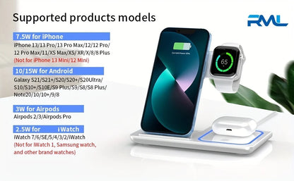 Portable Wireless 3-in-1 Charger, 15W Foldable Wireless Fast Charging Stand